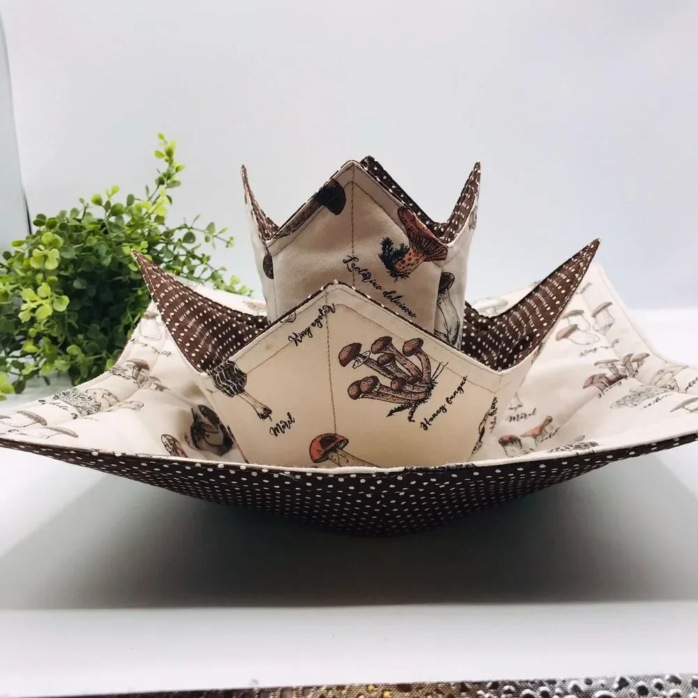 3 Piece Set of Microwave Cozies, Reversible Neutral Mushrooms, Plate, Bowl, Pint